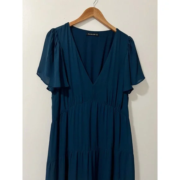 Abercrombie & Fitch Navy Blue Flutter Sleeve Tiered Midi Dress Women XL - Picture 4 of 7